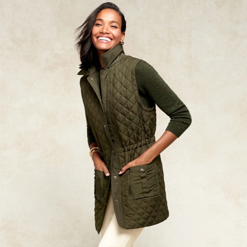 🍁 Talbots Olive Green Snap Front Collared Long Quilted Vest | Size XL